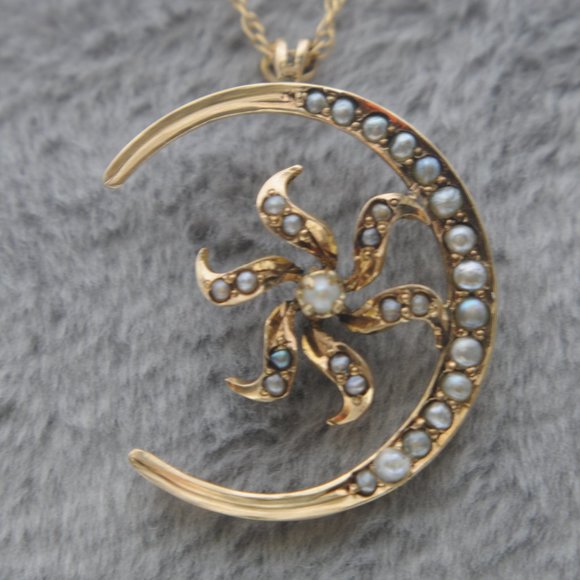 Victorian 14K YGold Cresent Moon Starburst Flower with Pearl and Seed Pearls - Picture 1 of 10